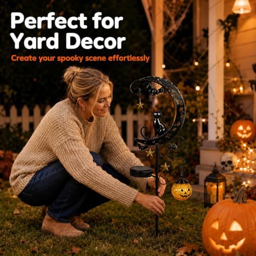 Halloween Solar Garden Stake Light Crescent Moon Black Cat - Image 6
