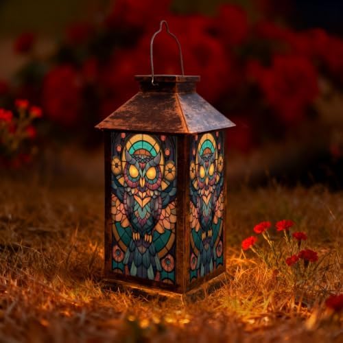Solar Lantern Geometric Owl Stained Glass Outdoor Waterproof Garden Hanging Lantern Solar Powered Lighting Outside Solar Light for Patio Yard Camping, Gifts for Women Mom by Unknown