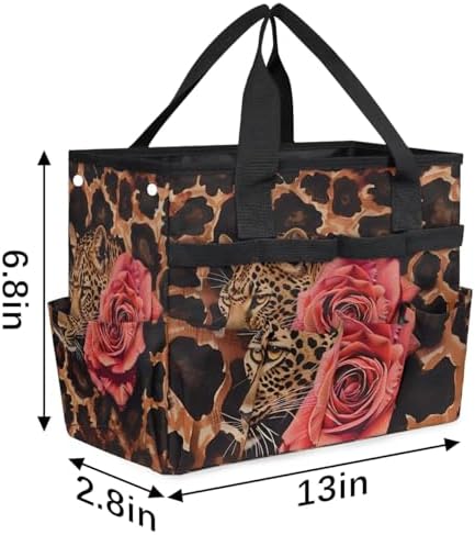 Leopard Rose Garden Tool Bag, Garden Tote Storage Bag with 10 Pockets, Indoor and Outdoor Leopard Print Gardening Tool Organizer for Women Men - Image 3