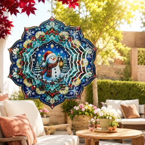 Shwing 12 Inch Wind Spinner Hanging Wind Sculptures Christmas Snowman Metal Decor Double Sided Outdoor Kinetic Garden Art 3D Wind Spinner Hanging Ornament for Patio Porch Balcony Backyard Tree Decor - Image 2