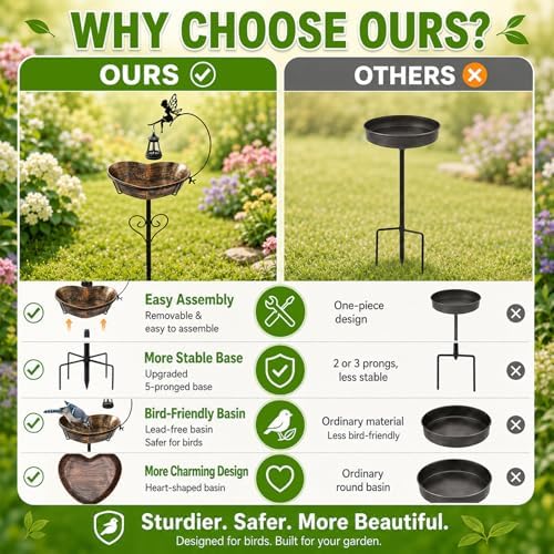 Solar Metal Heart Bird Bath for Outside, 48"H 14"Dia Removable Bowl,3.5 D - Image 3