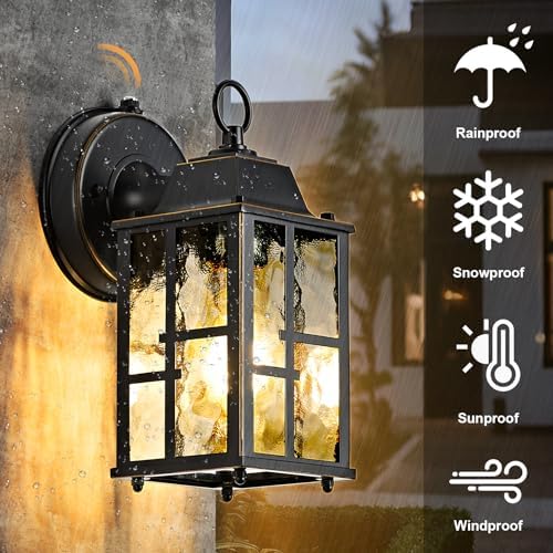 OKELI 2-Pack Dusk to Dawn Outdoor Wall Lights, Weatherproof Exterior Lighting Fixture Wall Mount, Aluminum Ripple Glass Porch Light, Anti-Rust Outside Wall Sconce for House, Garage(Black&Gold-Trim) - Image 2