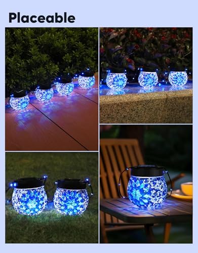 Mosaic Solar Lights Outdoor 4 Pack, Solar Hanging Lanterns Christmas Halloween Gifts for Women Mom Grandma, Waterproof Glass Globe Lights, Garden Patio Decor for Yard, Tree, Balcony, Cold - Image 7