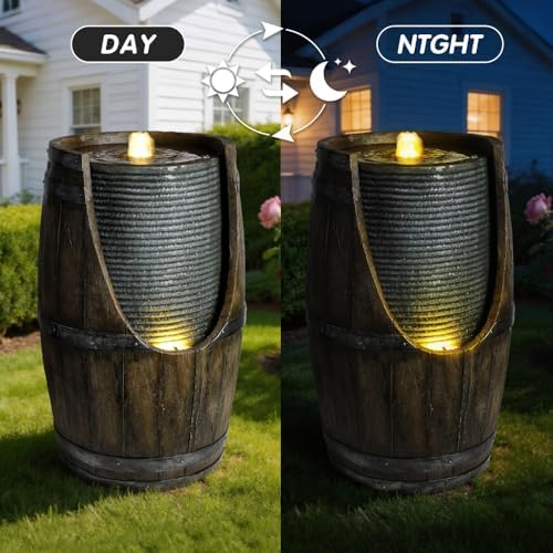 Outdoor Water Fountain with Bird Waterer, Rustic Barrel Garden Fountain with LED Lights and Pump, Faux Wood Resin Water Feature for Patio Backyard Porch Yard - Image 5
