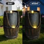 Outdoor Water Fountain with Bird Waterer, Rustic Barrel Garden Fountain with LED Lights and Pump, Faux Wood Resin Water Feature for Patio Backyard Porch Yard - Image 5