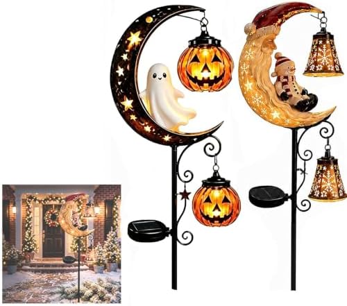 Solar Halloween Black Cat & Pumpkin Moon Garden Stake Light,2-in-1 Waterproof Outdoor LED Yard Decor with Hanging Lantern,Auto Dusk-to-Dawn Lawn Ornament for Pathway,Patio, Walkway (Color-J-2PCS) by HZSprance