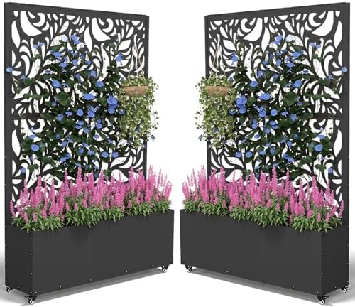 2PCS Metal Planter Box with Trellis,70.9"x47.2"x15.7" Raised Garden Bed with Drainage Holes, Privacy Planters for Outdoor Garden Bed for Climbing Plants,Vegetables,and Vines, Black-Flower by FOLAWO