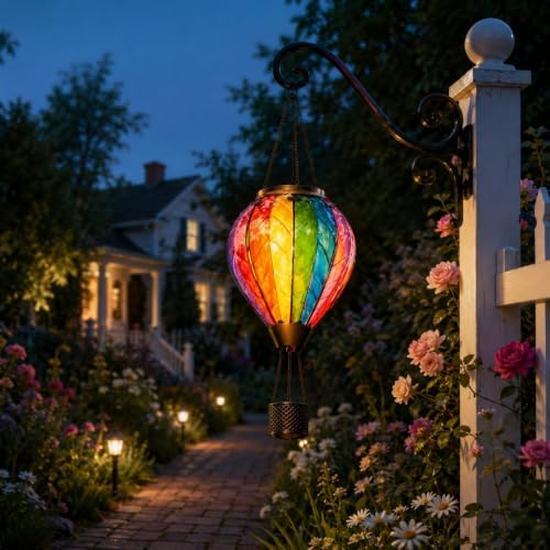 Chevron Rainbow Hot Air Balloon Solar Lantern with Flickering Flame - Image 3