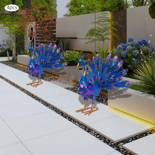 4 Pcs Metal Peacock Statue Set, Colorful Iron Garden Decor Outdoor, Vibrant Tail Spread Peacock Yard Art Sculpture for Patio Lawn Entryway, Weather Resistant Housewarming Gift - Image 3