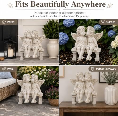 Kissing Angels Garden Statue Outdoor Decor, Cute Vintage Cherub Couple on Bench Resin Sculpture, Weather-Resistant Yard Art for Patio, Lawn, Memorial Garden Gifts for Women (Stone) - Image 3
