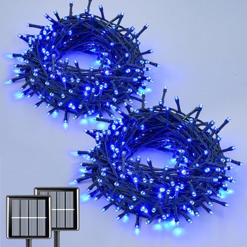 QITONG 2 Pack Blue Solar String Lights, Each 66ft 200 LED Christmas led Lights Outdoor Waterproof, 8 Modes Green Wire Solar Twinkle Lights for Garden Patio Yard Decor by QITONG