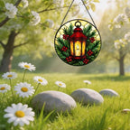 Stained Glass Suncatcher Christmas Lantern Window Hanging, Holiday Home Decor with Red Berries and Pine, Unique Gift for Mom, Wife, Her, Winter Garden Wall Art (Mixed,11.8×11.8 in) - Image 4
