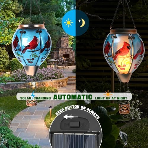 Hot Air Balloon Solar Lantern - Cardinal Bird Glass Lantern, Simulated Flickering & Dancing Flame, Outdoor Hanging Yard Light Waterproof IP65 for Patio Lawn Porch Decor Gift - Image 3