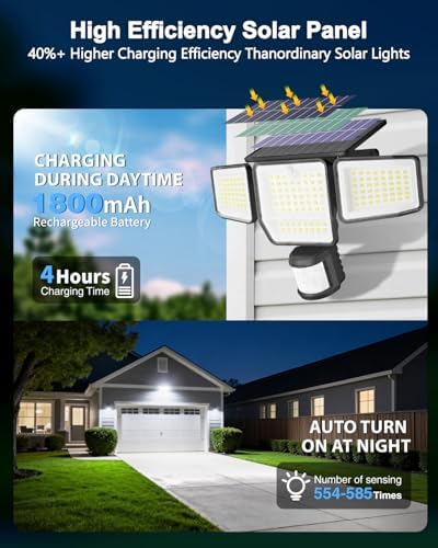 6000LM Solar Lights Outdoor, 4 Heads Motion Sensor Outdoor Lights, Solar Flood Lights for Yard House Outside Garage, IP65 Waterproof, 3 Modes, Easy Install, 3 Pack - Image 5