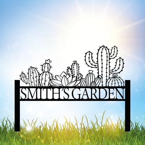 Customized Cactus Metal Garden Sign with Stakes, Garden Decoration Metal Sign, Personalized Gardener Family Name Sign, Cactus Yard Decor, Patio Decorative, Lawn Art, Farmhouse Garden, New Home Gift by Unknown