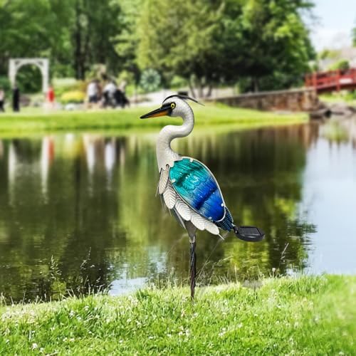 HONGLAND Solar Metal Crane Statue Garden Heron Sculpture, Glass Outdoor Heron Yard Art Coastal Ocean Bird Decor Lawn Ornament for Backyard Porch Patio Decor（24 Inch） - Image 3