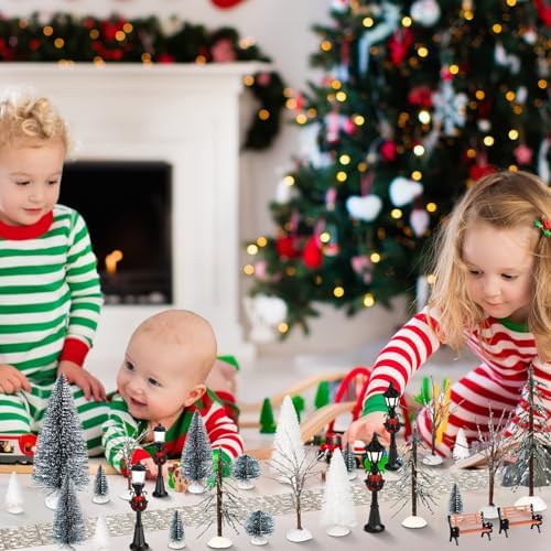 Hotop 28 Pcs Mini Artificial Christmas Village Tree Set Snow Christmas Pine Bare Branch Trees Xmas Street Lamp Post Miniature Park Bench Seat Cobblestone Street for Decoration(Vivid) - Image 6