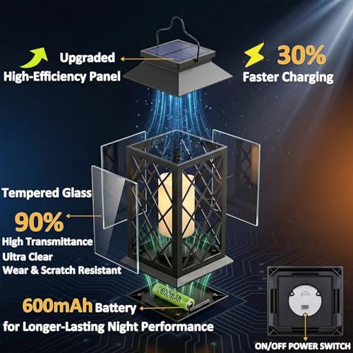 2 Pack 14" Large Tempered Glass Solar Lanterns Outdoor Waterproof, Black - Image 5
