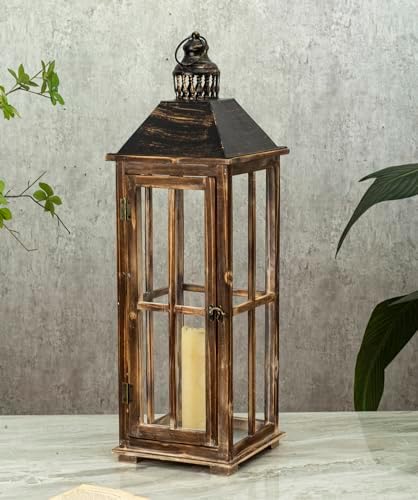 Large Farmhouse Wooden Decorative Lantern Set of 2, Rustic Distressed Brown Burnt Wood Floor Candle Lanterns, Indoor/Outdoor Hanging Lanterns for Home Decor (No Glass) - Image 3