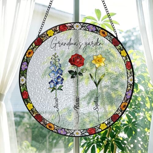 Personalized Grandma's Garden Stained Glass Suncatcher Birth Month Flowers Glass Sun Catcher, Custom Mom's Garden Window Hanging, Mothers Day Grandma Mom Ornament Gifts for Nana Women 11.81" - Image 3