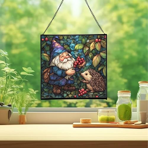 Gnome and Hedgehog Friends Stained Glass Suncatcher – Square Hanging Window Panel for Home or Greenhouse – Whimsical Glass Art Gift for Garden Lovers, Christmas, Halloween, Father Days G365BU - Image 2