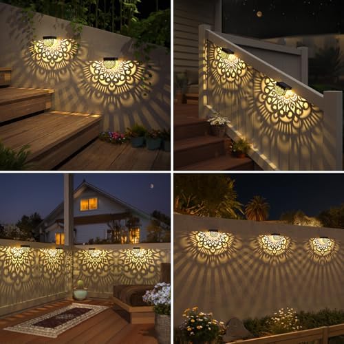 6 Pack Solar Fence Lights Outdoor Wall Lights Black Plastic Solar Powered Deck Step Stair Lights Mandala Theme Waterproof Fence Solar Light for Garden Post Patio Backyard Yard Decor - Image 6