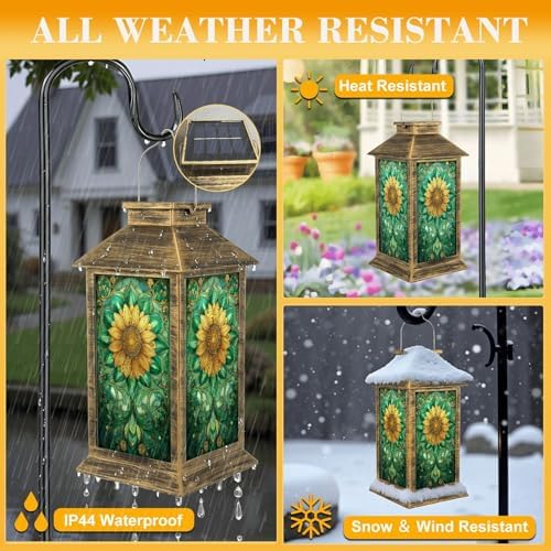 Stained Glass Style Solar Lantern Outdoor Garden Hanging Lantern Intricate Sunflower Stained Glass Art Spring Hues Waterproof Solar Powered Lighting Outside Table Lamp for Patio Deck Yard Camping - Image 3