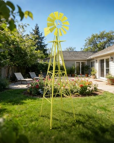8FT Windmill for Yard Garden Decoration with Weather Vanes，Heavy Duty Outdoor Wind Mills, Large Metal Outdoor Windmill,Weather Resistant,Yellow by EPOFIT
