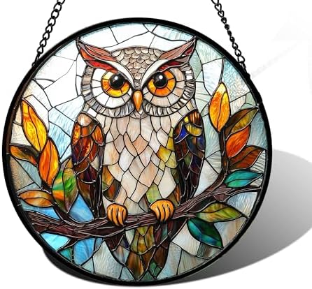 Owl Colorful Leaves Birds Stained Glass Window Hanging Suncatcher Gift 9.8" by DASTOLL