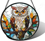 Owl Colorful Leaves Birds Stained Glass Window Hanging Suncatcher Gift 9.8" by DASTOLL