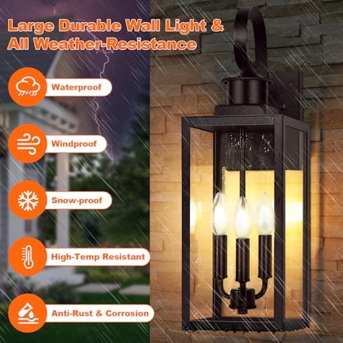 19" Large Outdoor Wall Light, 3-Light Brown Exterior Wall Light Fixture - Image 3