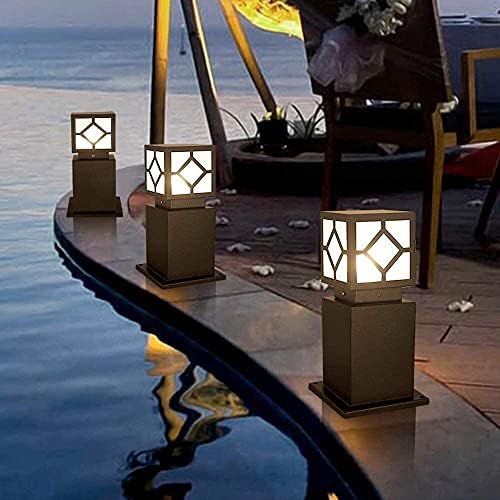Outdoor Pedestal Light, Modern Black Bollard Lamp with Geometric Cutout Shade for Garden Pathway Driveway Deck, IP55 Waterproof Minimalist Cast Aluminum Landscape Lighting - Image 3