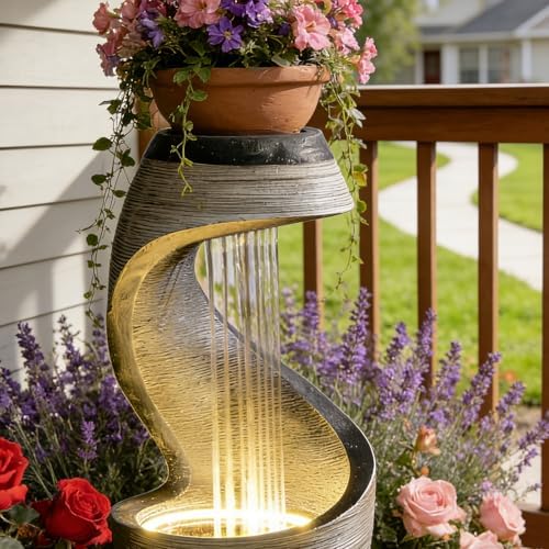 37" S-Shaped Outdoor Water Fountain with LED Lights, Modern Resin Cascading Waterfall Feature for Garden, Patio, Backyard or Porch, Large Decorative Zen Water Feature – 21" L x 21" W x 37.9" H - Image 6
