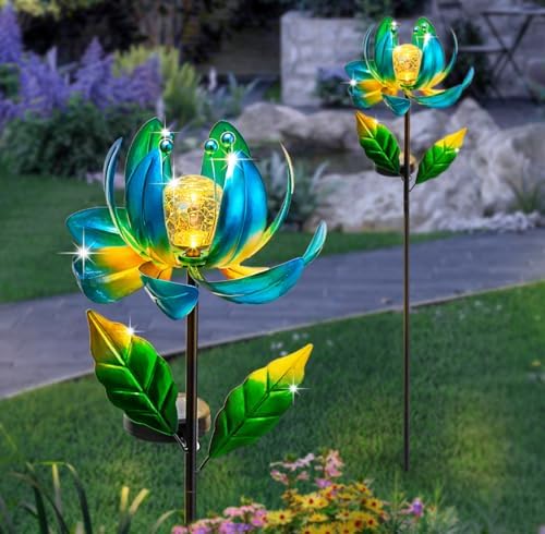 Solar Yard Lights Wind Spinners- Metal Lotus Flower Garden Decor LED Crackle Glass Globe Yard Art Sculpture Solar Stake Lights for Patio Pathway Lawn Walkway - Image 6