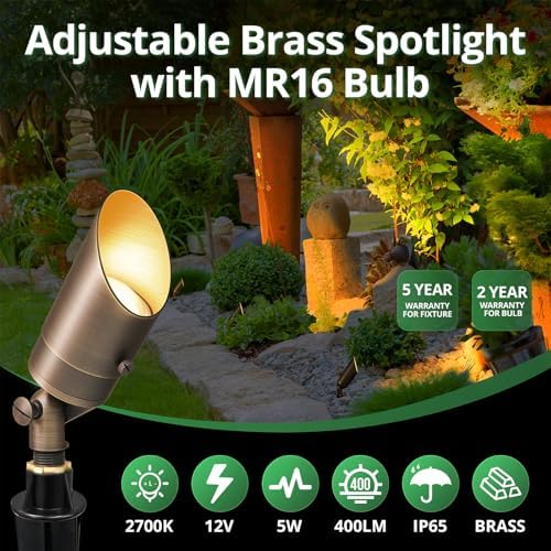 GKOLED 12 Pack Brass Landscape Spotlight, LED Low Voltage Landscape Lighting, Outdoor Adjustable Lights for Yard Wall Lawn Tree Patio Garden, Waterproof Directional Up Light with 5W MR16 Bulb - Image 2