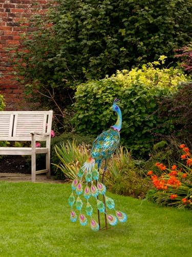 YEAHOME Garden Decor Outdoor Statues, 34" Large Metal Peacock Standing Yard Art, Blue Green Bird Lawn Sculptures Garden Decor for Outside Patio Porch Backyard - Image 2