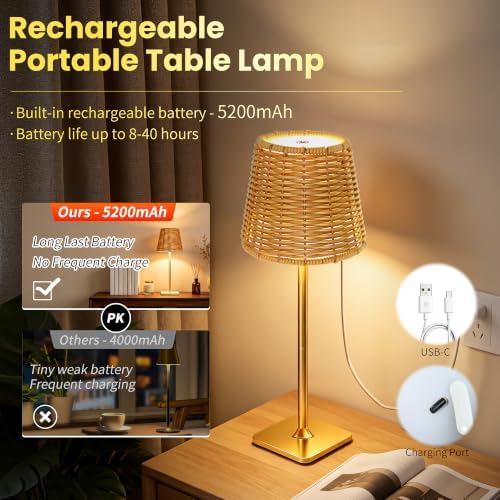 Waterproof Outdoor Rechargeable Cordless Set of 2 Table Lamp with Wicker Shade, Battery Operated Portable Table Light with Adjustable Height Pole, for Patio Restaurant Kitchen (Gold 2 Pack) - Image 6