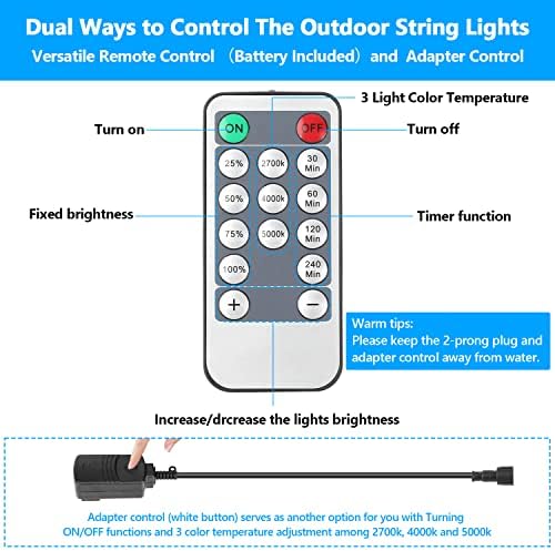 Lakumu 48FT Dimmable LED Outdoor String Lights with Remotes, 3 Color - Image 5