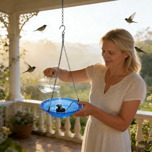 Solar Cascade Hanging Bird Bath Fountain, 9.25" W Metal Solar Powered Birdbath with Water Pump, Large Humming Birds Baths Fountains for Outdoor Garden Decor (Single Layer*2) - Image 2