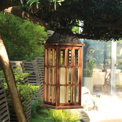 Large Farmhouse Wooden Metal Lantern Set of 3, 27''/22''/15'' H Rustic Decorative Indoor & Outdoor Hanging Candle Lanterns, Wooden Outdoor Lanterns for Patio Front Porch Table, Brown - Image 5