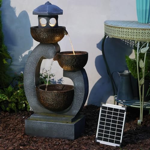 Tankana 35.5" H Solar Water Fountain Outdoor Garden 3-Tier Cascading Bowl Solar Powered Fountain Waterfall with LED Light Japanese Garden Style for Patio Yard Balcony Porch Home Decor, Bronze Finish by Tankana
