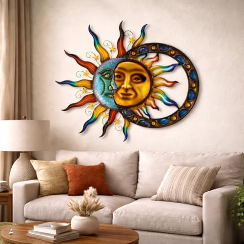 Glitzhome Sun and Moon Wall Decor, 33.5 Inch Celestial Metal Wall Art with Glossy Color Finish and Antique Details, Outdoor Sun and Moon Decor for Garden Porch Patio Home - Image 7