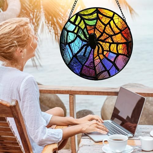 Stained Glass Window Hanging Halloween Colorful Spider Gift for Women 12" - Image 4