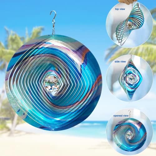FONMY Mandala Wind Spinner w/Crystal Ball 3D Stainless Steel Hanging Wind Spinner Worth Gift Christmas Decoration Indoor/Outdoor Garden Décor Kinetic Yard Art 12 Inches Multi Blue Wind Sculpture - Image 3
