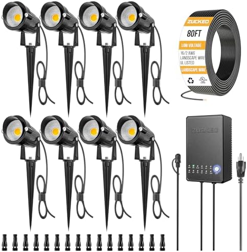 ZUCKEO All-in-One Landscape Lighting Kit, 5W LED Low Voltage Landscape Lights with Transformer and 80FT Wire, Waterproof Outdoor Spotlight with Connectors for Yard Garden House, 3000K 12-24V 8Pack by ZUCKEO