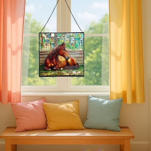 Chestnut Morgan Horse Resting Near barn Window Square Suncatcher – Stained Glass Style Window Panel with Pastoral Scene, Custom Decorative Hanging Art for Equestrian Home, Christmas Y19Vql - Image 5
