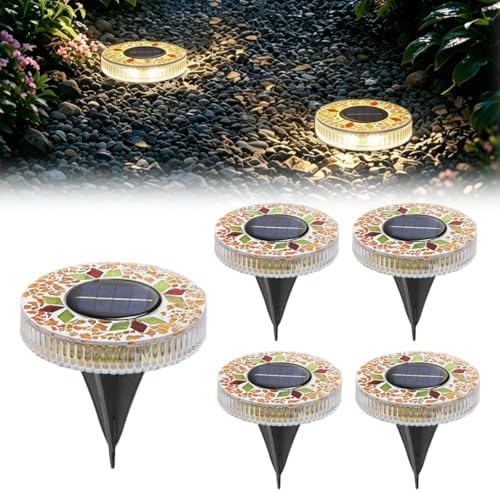 Solar Mosaic Disk Lights Outdoor, Waterproof Mosaic Glass Decorative Solar Garden Lights Auto On/Off, Decorative LED Pathway Lamp for Garden Walkway Patio Yard (Yellow) by Unknown