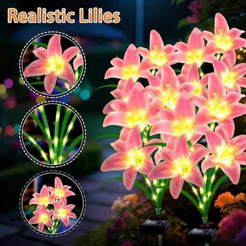 Solar Lights Outdoor, Gift For Women Mom Grandma Wife Daughter Friends, 4 Pack 16 Solar Pink Lily Flower Lights, Solar Flower Lights Waterproof, Outside Decor Stake Light for Landscape Yard Patio Lawn - Image 4