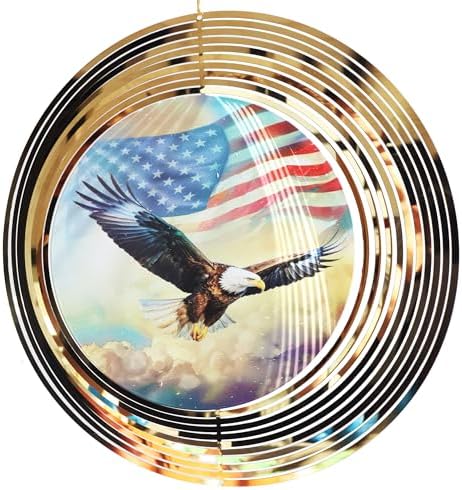 3D Wind Spinner 12" (30cm) Large Stainless Steel, Mirror Reflective Bald Eagle USA Flag, Smooth Spinning Kinetic Metal Garden Decor for Outdoor Indoor Patio Balcony Yard - Image 3