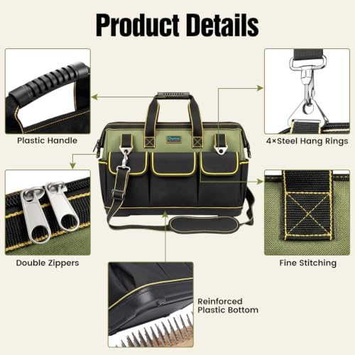 20 Inch Heavy Duty Tool Bag, 16-Pocket Tool Box Organizer, Green - Image 4